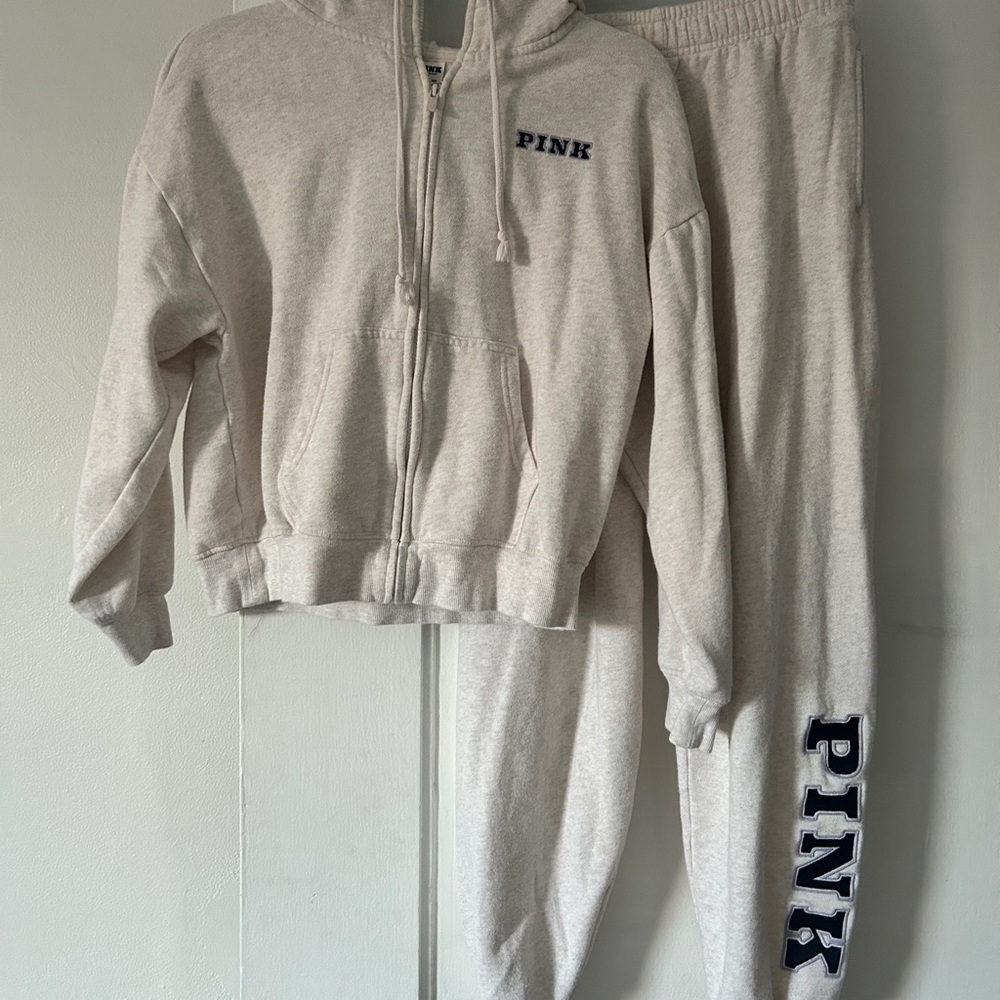 Victoria Secret PINK Light Grey/Cream Terry Hoodie & Sweatpants Set